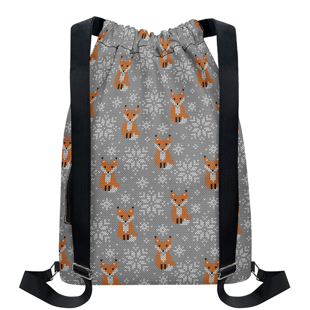Snowy Fox Knitted Pattern Print Drawstring Backpack