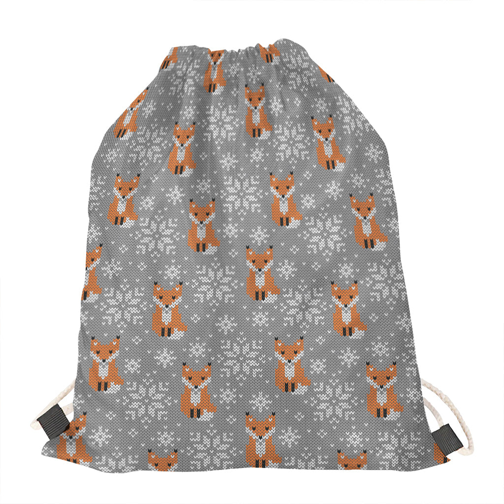 Snowy Fox Knitted Pattern Print Drawstring Bag