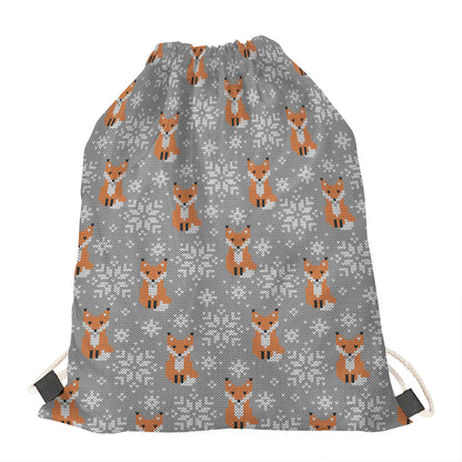 Snowy Fox Knitted Pattern Print Drawstring Bag