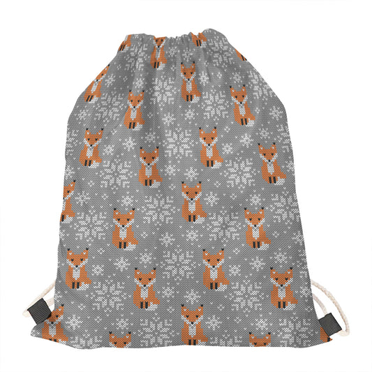 Snowy Fox Knitted Pattern Print Drawstring Bag