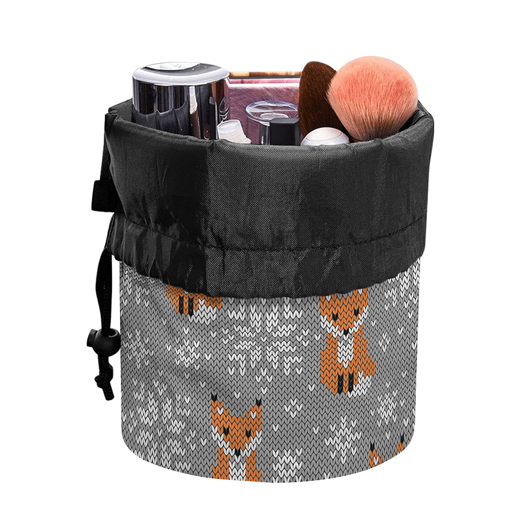 Snowy Fox Knitted Pattern Print Drawstring Makeup Bag