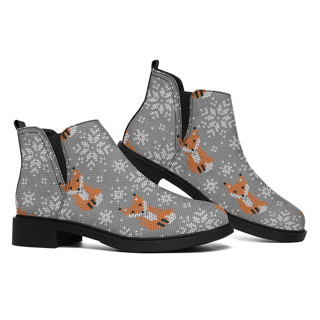 Snowy Fox Knitted Pattern Print Flat Ankle Boots