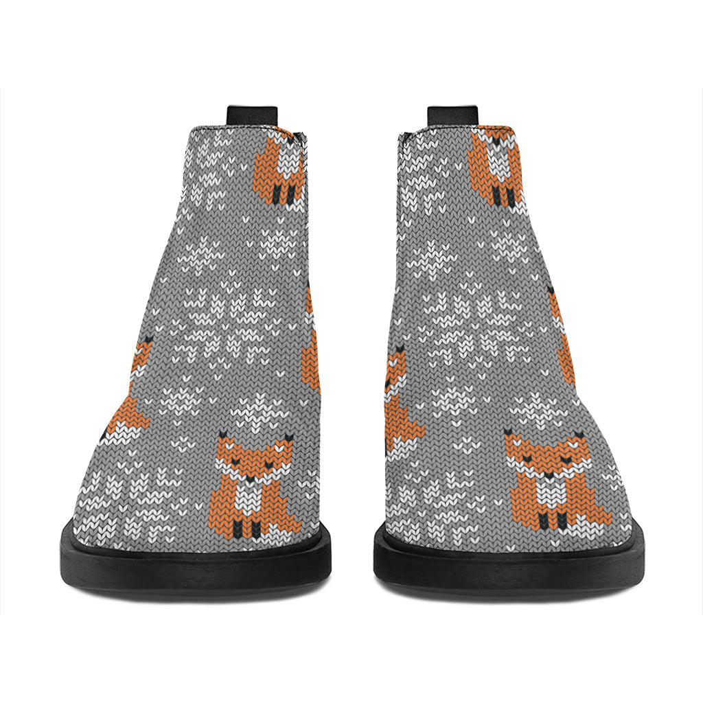 Snowy Fox Knitted Pattern Print Flat Ankle Boots