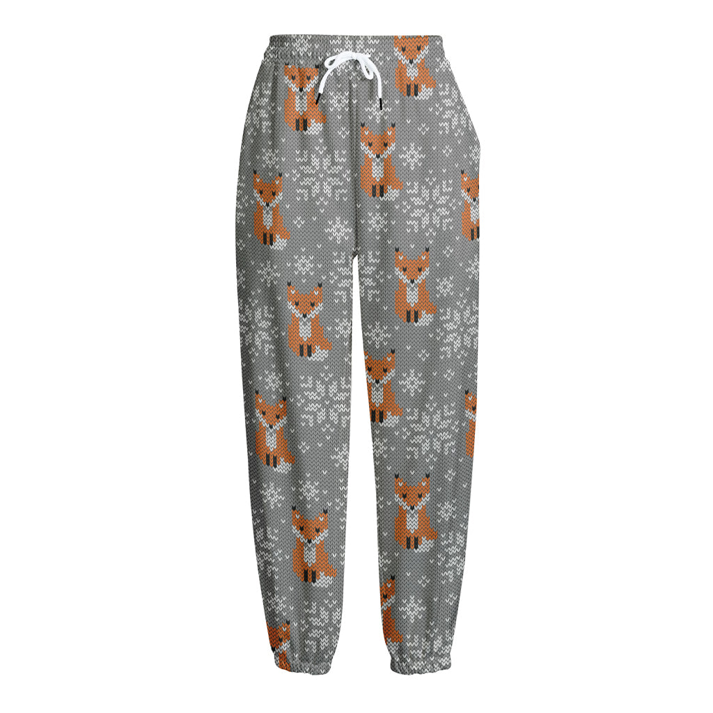 Snowy Fox Knitted Pattern Print Fleece Lined Knit Pants