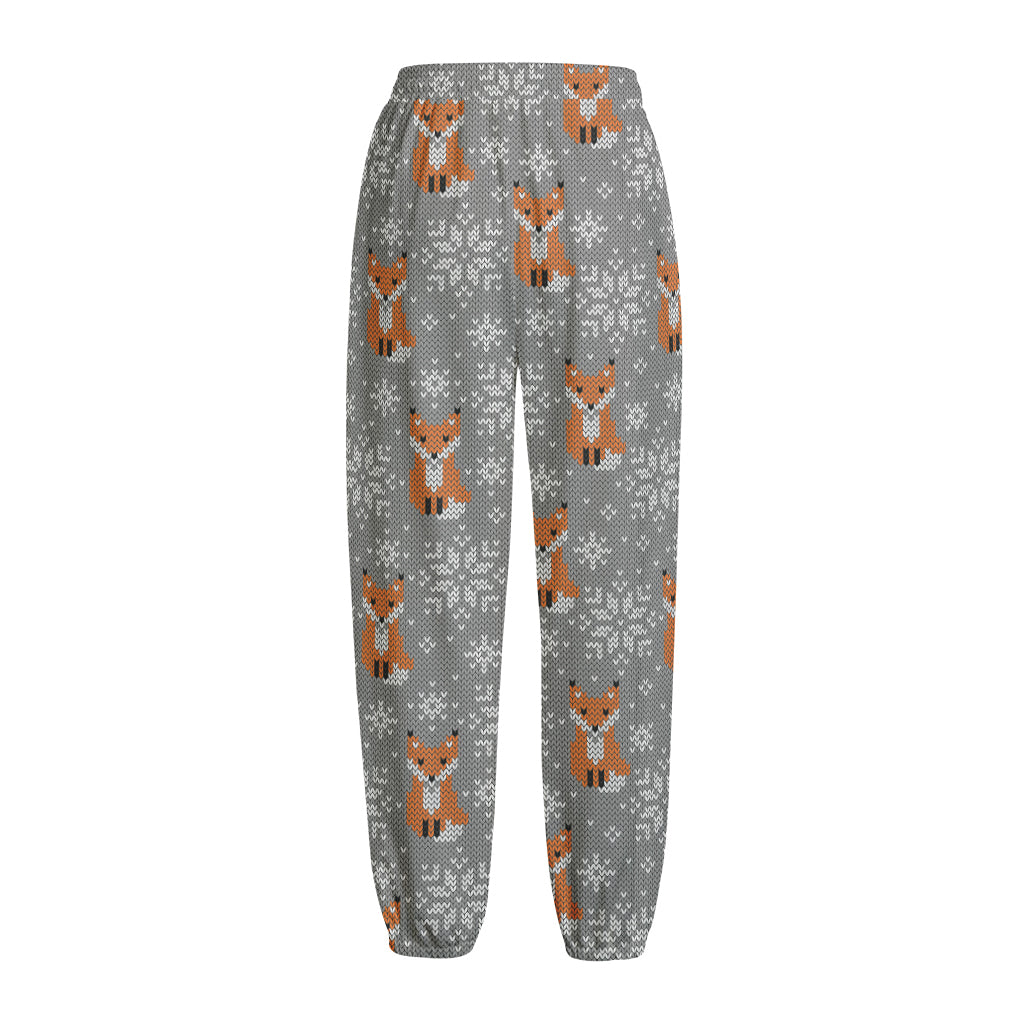 Snowy Fox Knitted Pattern Print Fleece Lined Knit Pants