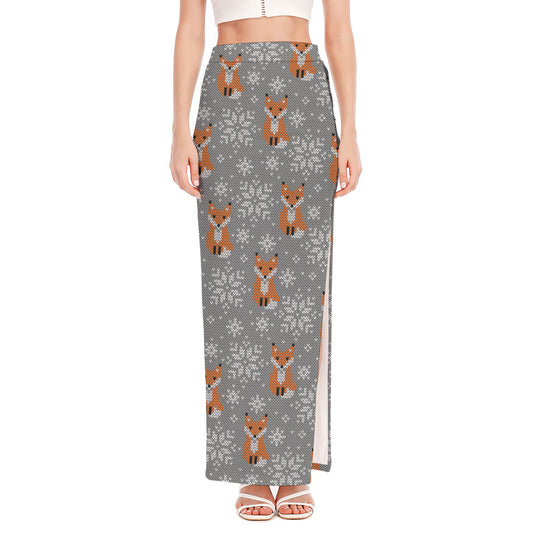 Snowy Fox Knitted Pattern Print High Slit Maxi Skirt
