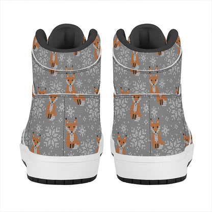 Snowy Fox Knitted Pattern Print High Top Leather Sneakers