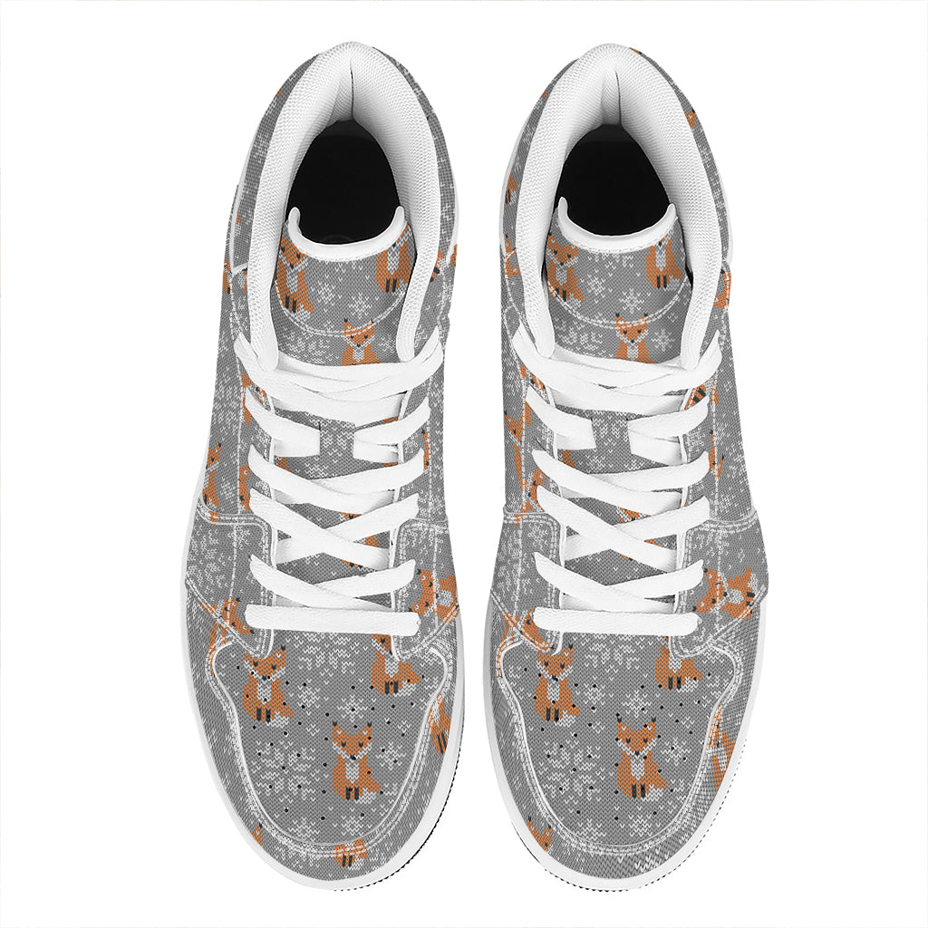 Snowy Fox Knitted Pattern Print High Top Leather Sneakers