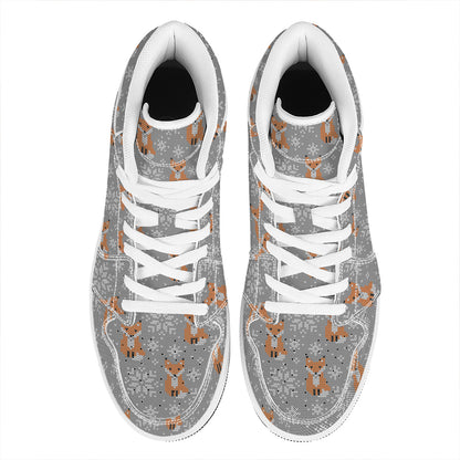 Snowy Fox Knitted Pattern Print High Top Leather Sneakers