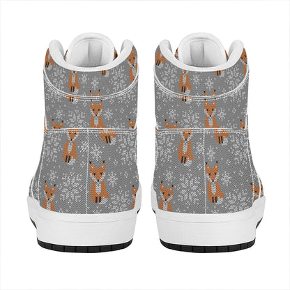 Snowy Fox Knitted Pattern Print High Top Leather Sneakers