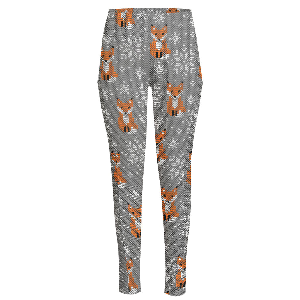 Snowy Fox Knitted Pattern Print High-Waisted Pocket Leggings