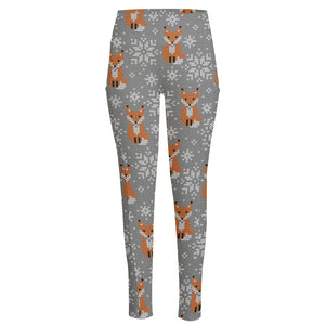 Snowy Fox Knitted Pattern Print High-Waisted Pocket Leggings