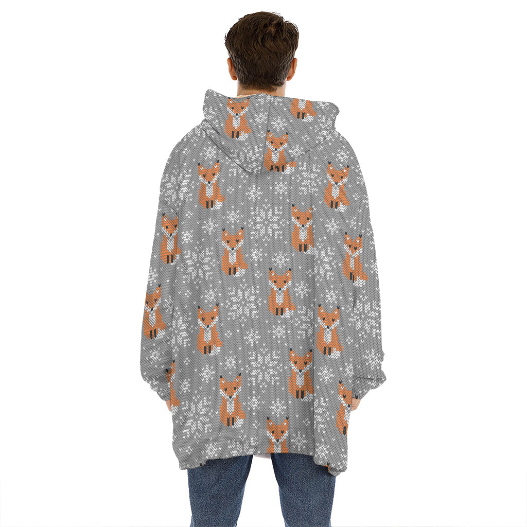Snowy Fox Knitted Pattern Print Hoodie Blanket