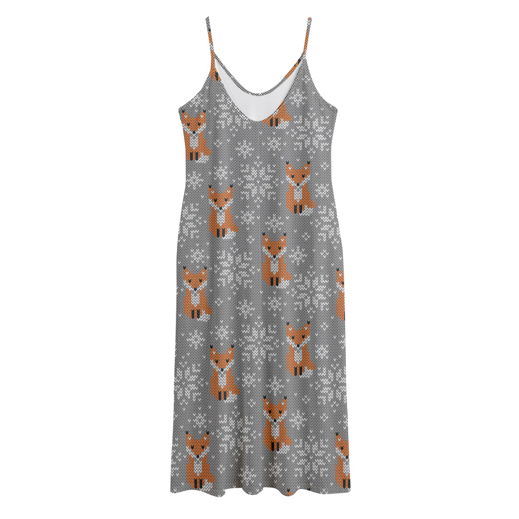 Snowy Fox Knitted Pattern Print Jersey Midi Cami Dress