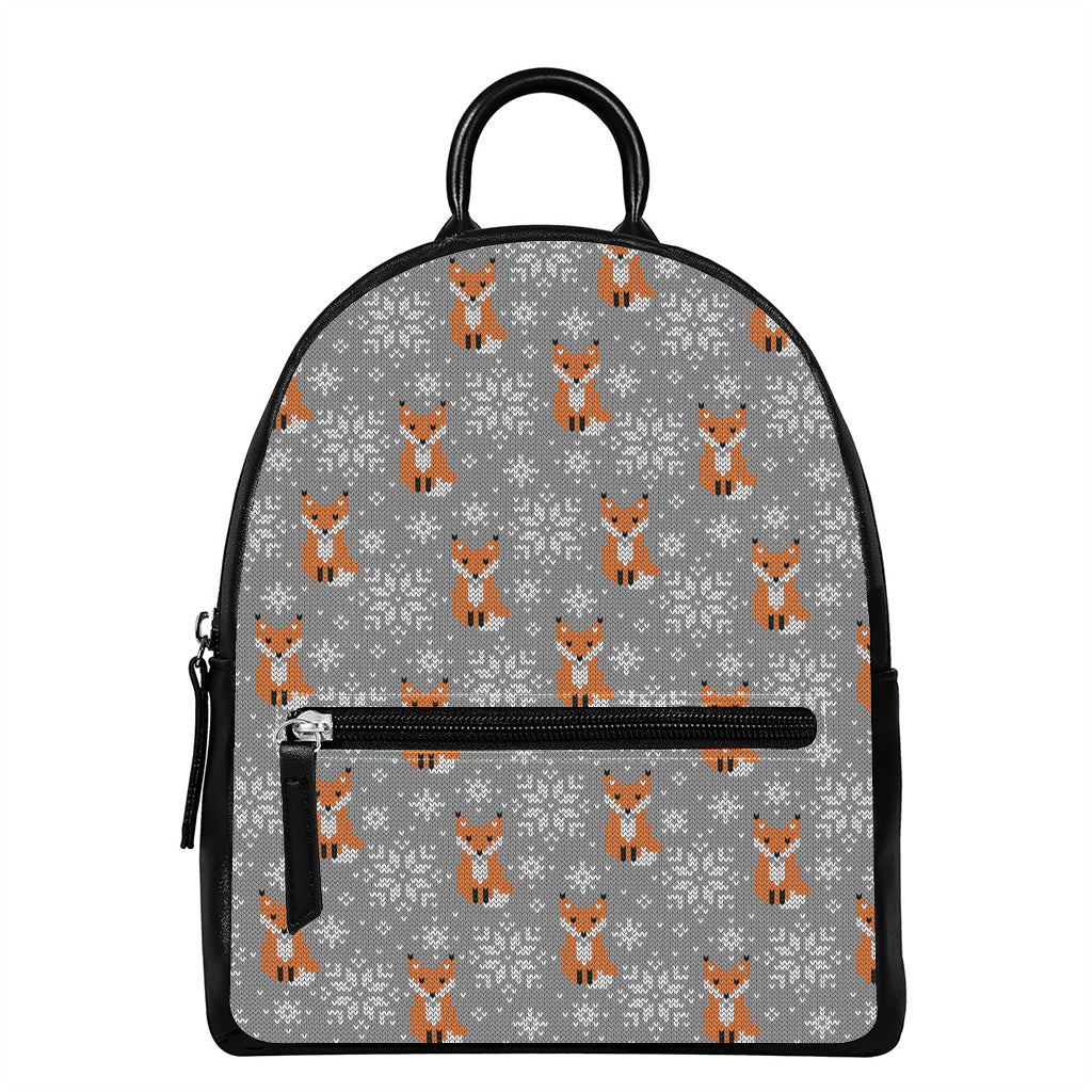 Snowy Fox Knitted Pattern Print Leather Backpack