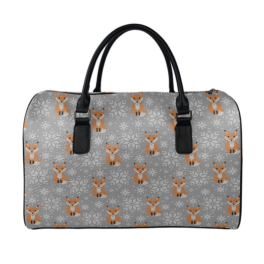Snowy Fox Knitted Pattern Print Leather Duffle Bag
