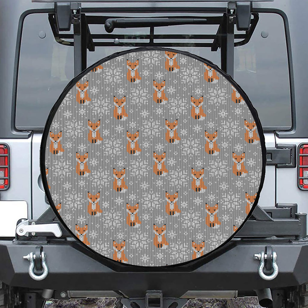 Snowy Fox Knitted Pattern Print Leather Spare Tire Cover