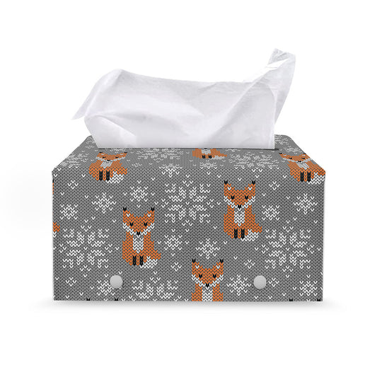 Snowy Fox Knitted Pattern Print Leather Tissue Box Cover