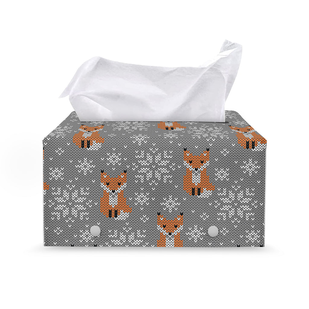 Snowy Fox Knitted Pattern Print Leather Tissue Box Cover