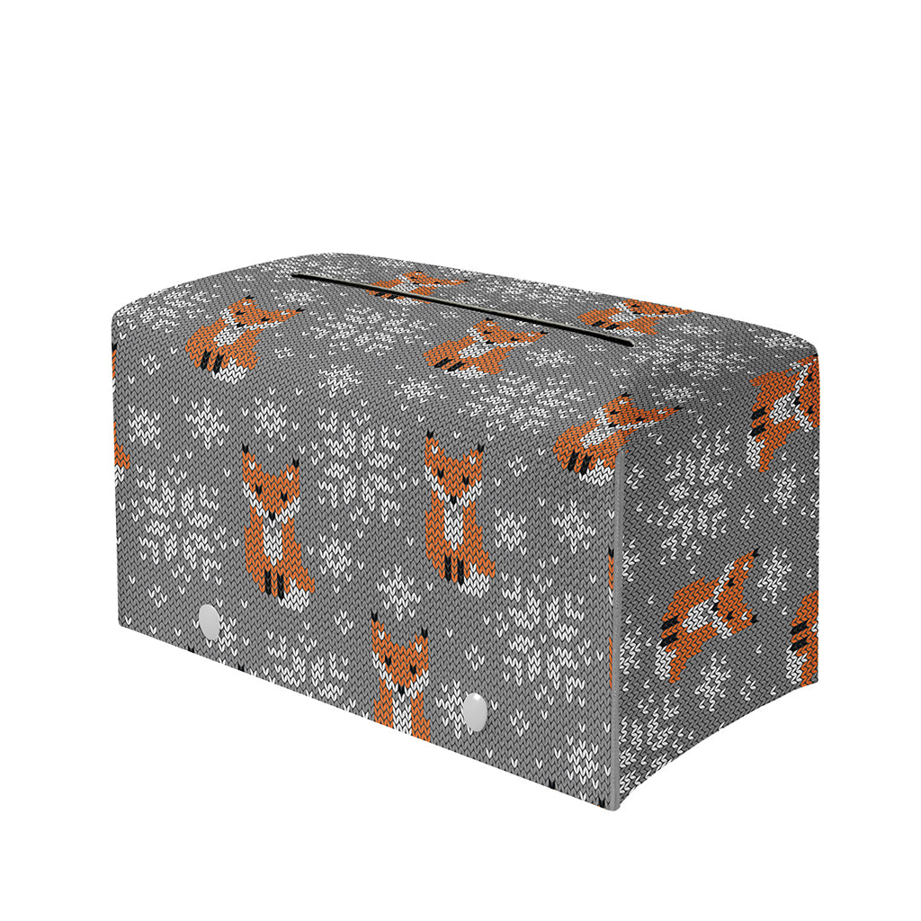 Snowy Fox Knitted Pattern Print Leather Tissue Box Cover