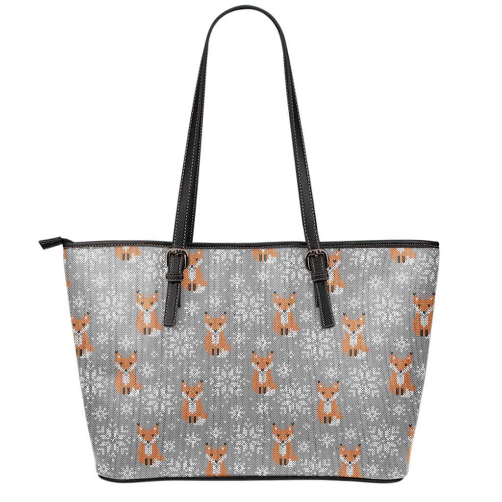 Snowy Fox Knitted Pattern Print Leather Tote Bag