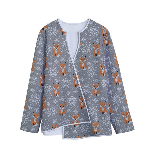 Snowy Fox Knitted Pattern Print Long Sleeve Short Coat