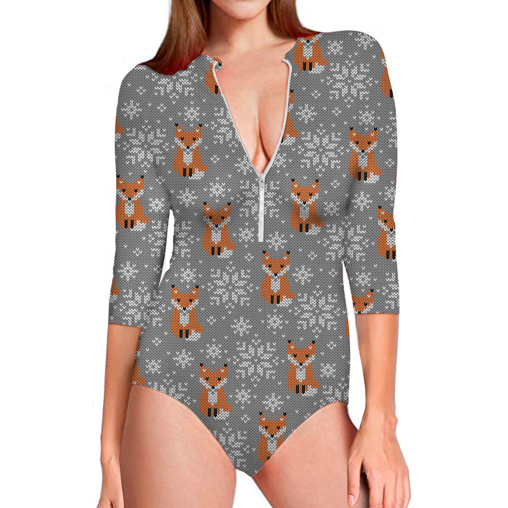 Snowy Fox Knitted Pattern Print Long Sleeve Swimsuit