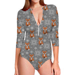 Snowy Fox Knitted Pattern Print Long Sleeve Swimsuit