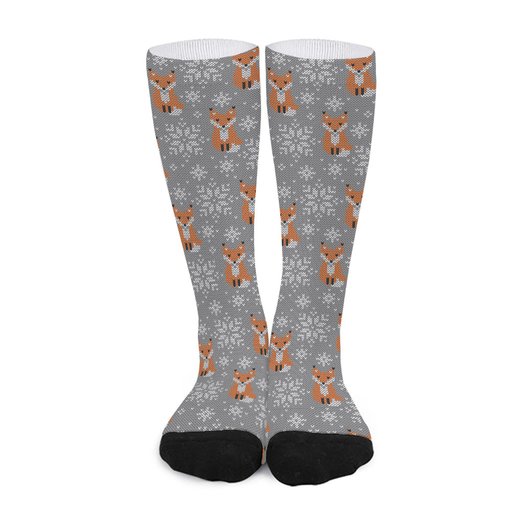 Snowy Fox Knitted Pattern Print Long Socks