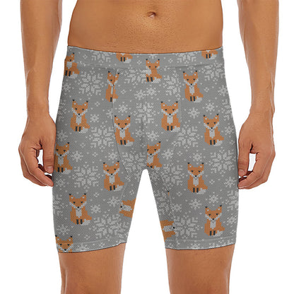 Snowy Fox Knitted Pattern Print Men's Long Boxer Briefs