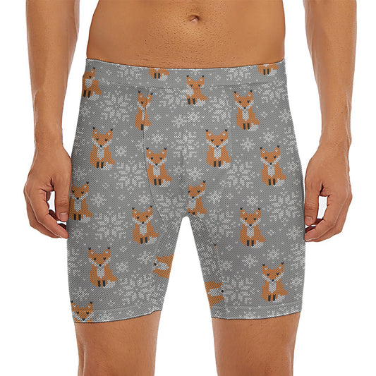 Snowy Fox Knitted Pattern Print Men's Long Boxer Briefs