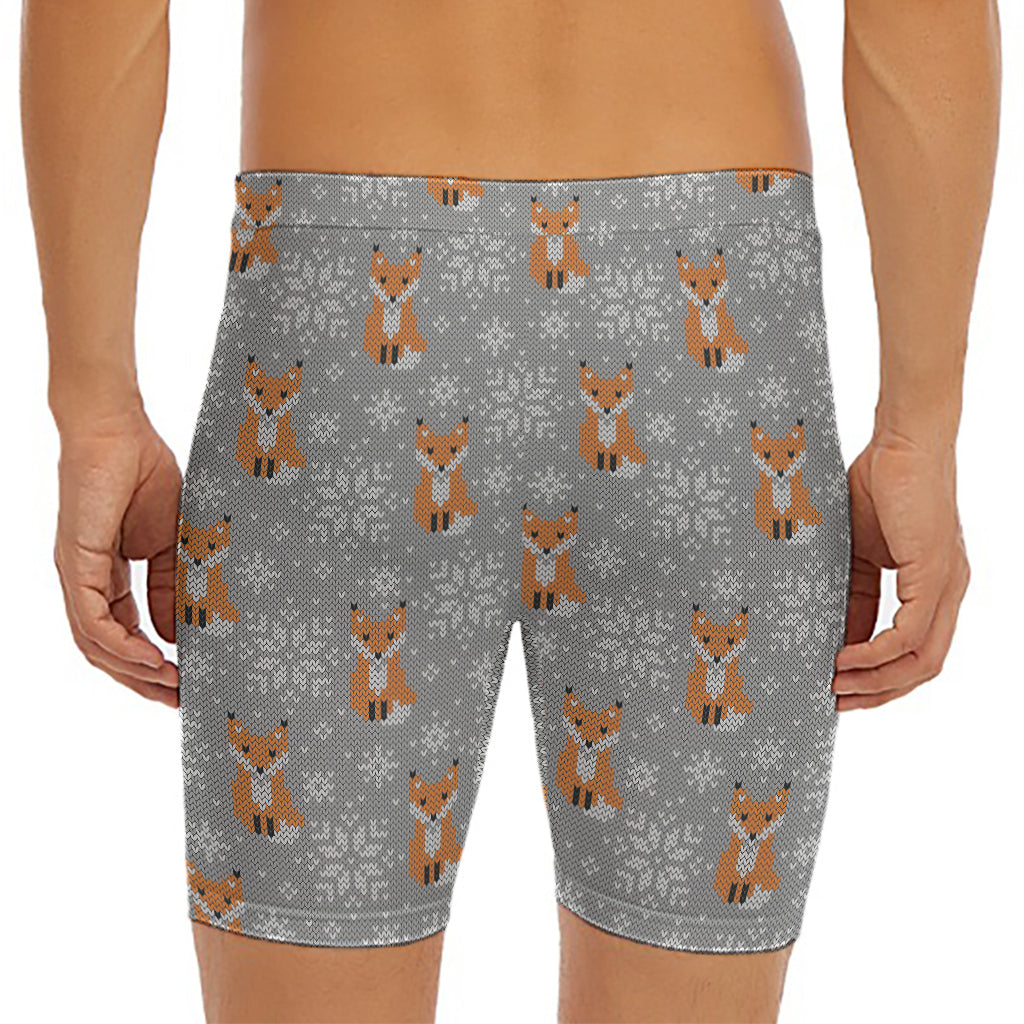 Snowy Fox Knitted Pattern Print Men's Long Boxer Briefs
