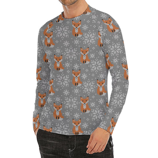 Snowy Fox Knitted Pattern Print Men's Long Sleeve Rash Guard