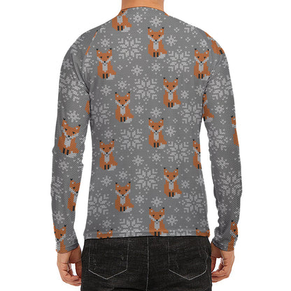 Snowy Fox Knitted Pattern Print Men's Long Sleeve Rash Guard