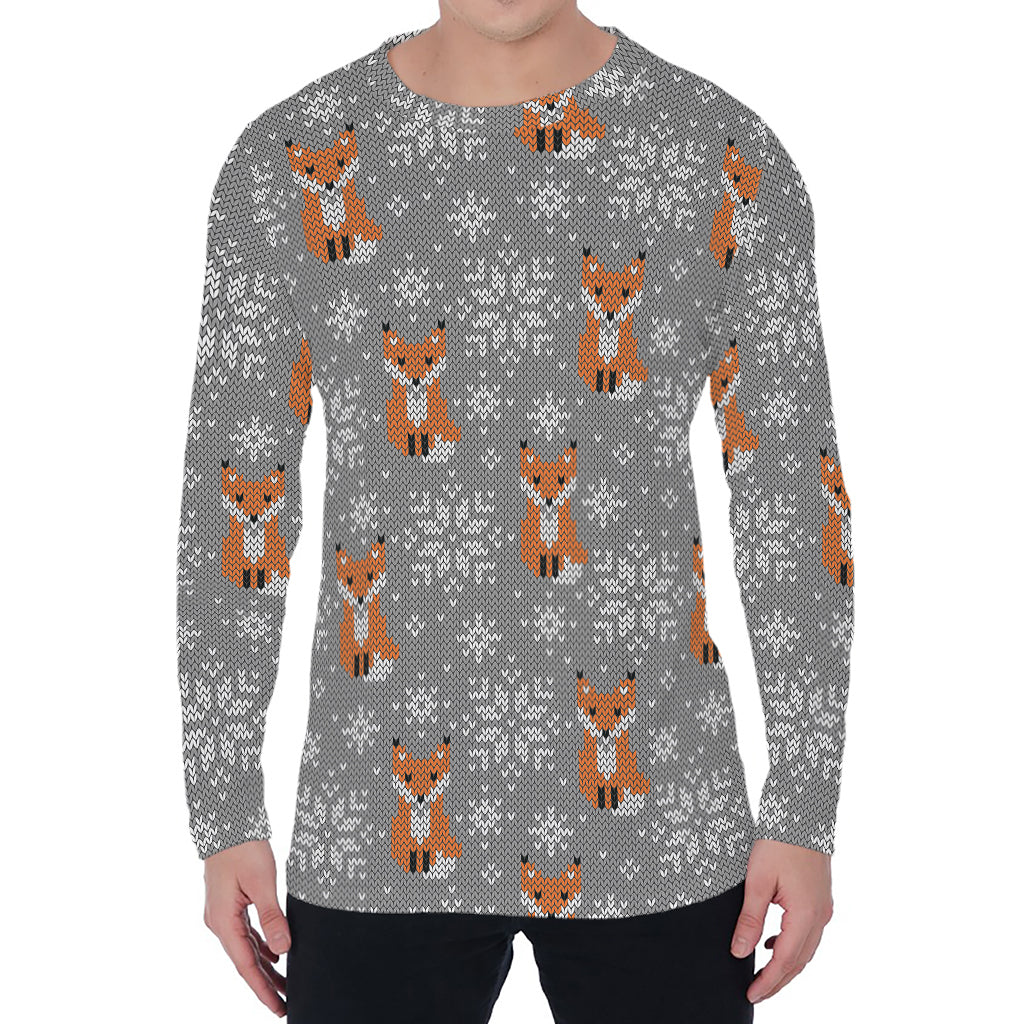 Snowy Fox Knitted Pattern Print Men's Long Sleeve T-Shirt