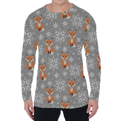 Snowy Fox Knitted Pattern Print Men's Long Sleeve T-Shirt