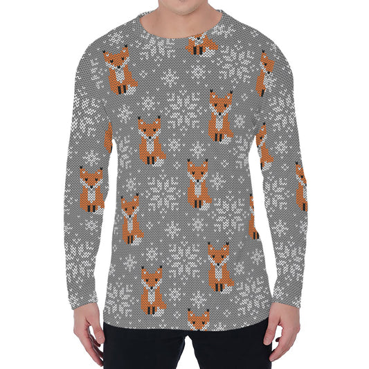 Snowy Fox Knitted Pattern Print Men's Long Sleeve T-Shirt