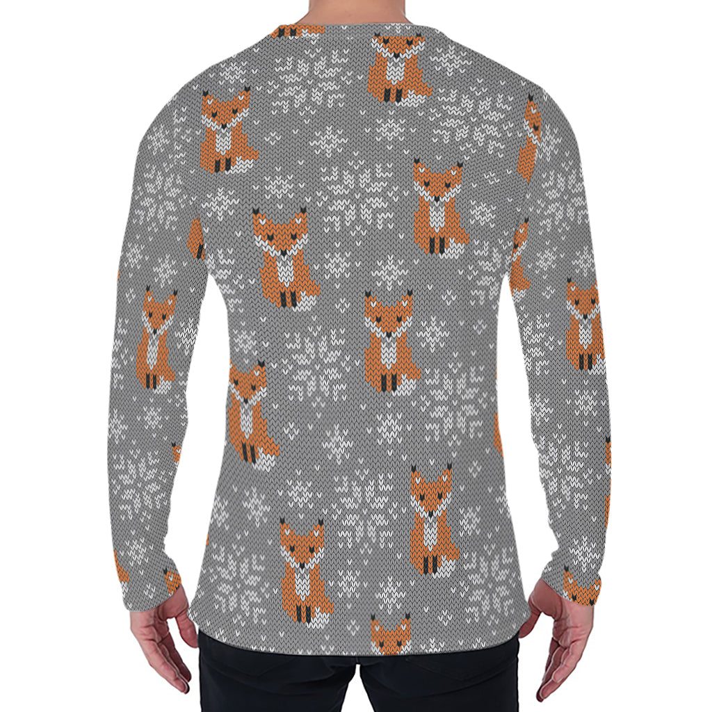 Snowy Fox Knitted Pattern Print Men's Long Sleeve T-Shirt