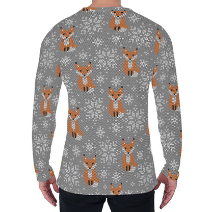 Snowy Fox Knitted Pattern Print Men's Long Sleeve T-Shirt