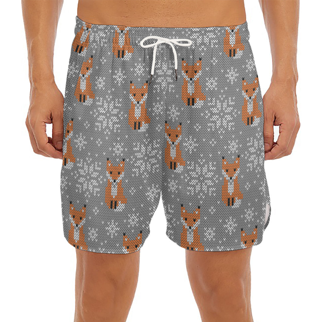 Snowy Fox Knitted Pattern Print Men's Split Running Shorts