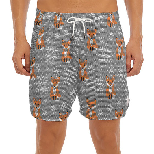 Snowy Fox Knitted Pattern Print Men's Split Running Shorts
