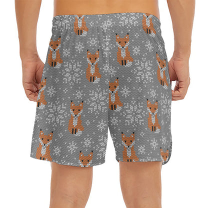 Snowy Fox Knitted Pattern Print Men's Split Running Shorts