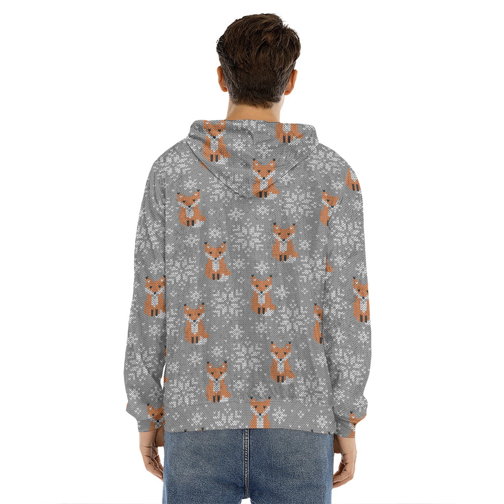 Snowy Fox Knitted Pattern Print Men's Velvet Pullover Hoodie