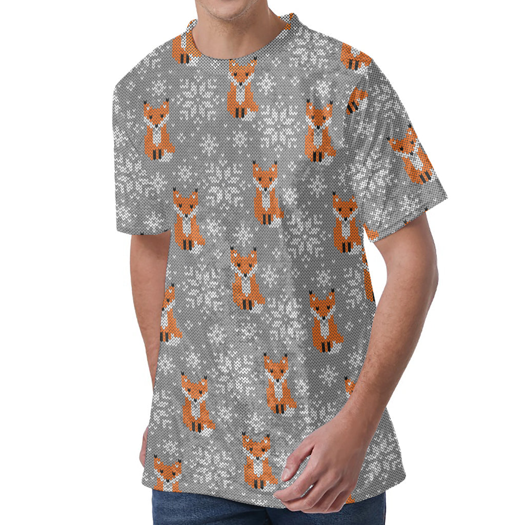 Snowy Fox Knitted Pattern Print Men's Velvet T-Shirt