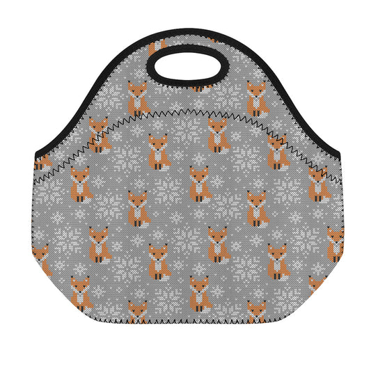 Snowy Fox Knitted Pattern Print Neoprene Lunch Bag