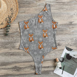 Snowy Fox Knitted Pattern Print One Shoulder Bodysuit