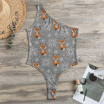 Snowy Fox Knitted Pattern Print One Shoulder Bodysuit