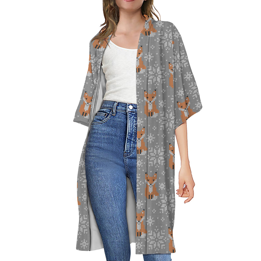 Snowy Fox Knitted Pattern Print Open Front Beach Cover Up