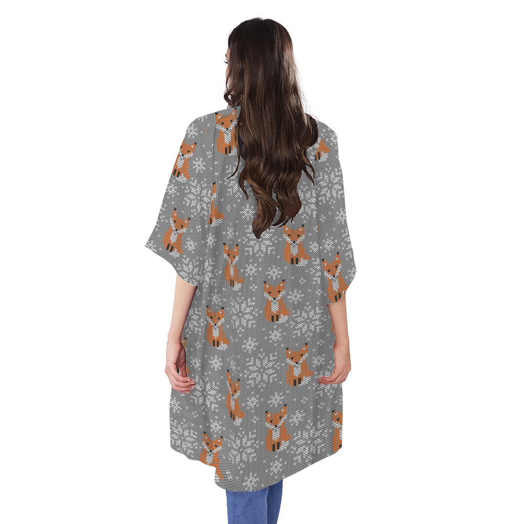 Snowy Fox Knitted Pattern Print Open Front Beach Cover Up