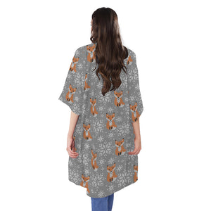 Snowy Fox Knitted Pattern Print Open Front Beach Cover Up